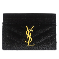 YSL MONOGRAM 黑色V型縫線珍珠紋牛皮金LOGO名片夾(5卡)