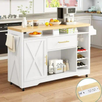 Portable Rolling Islands Cabinet on Wheels Farmhouse W Thick Table Top Drawer Glass Holder Spice Rack Kitchen Storage Trolley