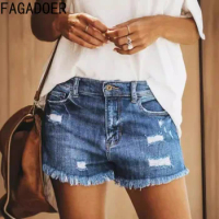 FAGADOER Summer New Hole Flash Denim Shorts Women High Waist Button Slim Jean Bottoms Fashion Female Solid Color Matching Shorts