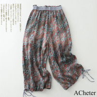 【ACheter】棉麻文藝復古休閒長褲鬆緊腰棉麻風格寬鬆印花九分褲#117735(花紋)