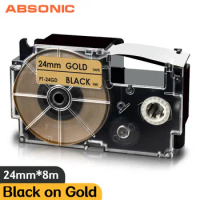 Absonic 24mm Labeling Tape XR 24GD XR-24GD Casio Compatible Label Maker Black on Gold Typewriter KL820 7200 for Casio Labeler