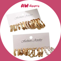 AW AN617 6 Set Anting Hoop Kotak Emas Perak Elegan Anting Hati Mutiara Untuk Aksesoris Perhiasan Wan