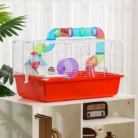 Large Hamster Cage and Habitat, 2-Level Steel Rat Cage, Small Animal House, with Tube Tunnels, Exercise Wheel,