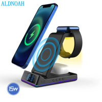 15W 3 In 1 Fast Wireless Charger for iPhone 13 12 11 Pro Max X XR 8 Airpods 3 2 Pro Apple watch 7 6 SE 5 LED Light Dock bracket
