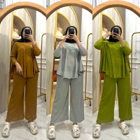 Denacollection Setelan Atachi Knit Rib Wanita Lengan 7/8 Celana Panjang Baju Atasan Melar Setelan Wa