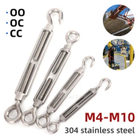 304 Stainless Steel Chain Rigging Hooks &amp; Eye Turnbuckle Wire Rope M4 M5 M6 M8 M10 Tension Device Line Oc Oo Cc Type 5PCS