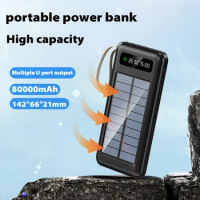 80000mah solar power bank with built-in cable for convenient and fast charging portable USB power bank for Iphone Xiaomi Huawei