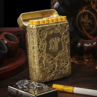 Luxury Vintage Carved Cigarette Box Case Container Brass Tobacco Box Holder Pocket Storage Box Can Hold 14 Thick Cigarettes