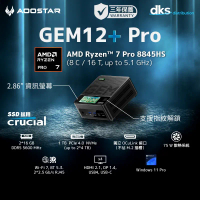 AOOSTAR GEM12+ PRO Ryzen 7 PRO 8845HS 32+1TB Windows 11 Pro 迷你電腦(CS-AG12PP7+LB-PCNB) AMD Ryzen™ 7 PR