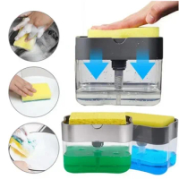 Portable Detergent Dispenser Set for Kitchen Dish Soap Box with Sponge Holder Hand Press Liquid Dispensing Kitchen Tools
