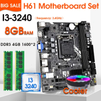 LGA1155 H61 Motherboard KIT with Intel Core I3 3240 Processor 2pcsx4GB=8GB 1600MHz DDR3 Memory and CPU FAN
