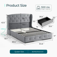 Queen size bed frame with headboard and 4 drawers, velvet upholstered bed frame, large platform bed frame with storage