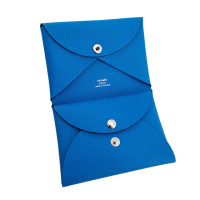 【Hermes 愛馬仕】Calvi Duo 藍色EPSOM牛皮銀釦雙層信封零錢卡片