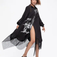 XITAO Mesh Patchwork Dress Fashion Print Irregular Hem Casual Personality Street Style Minority New Arrival Women WMD5010