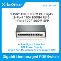 XikeStor Gigabit Unmanaged PoE Switch AI Intelligent Detection 8 POE RJ45 port 2 RJ45 port 1 SFP Slot Network Switch Plug Play