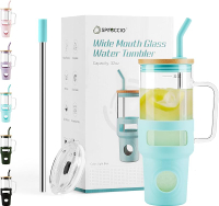 Glass Tumbler with Straw and Lid 32oz Reusable Iced Coffee Tumbler Green Tumbler with Handle Glass W