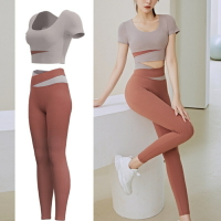 女速乾套裝拼接撞色短袖瑜伽服春夏露肚短版上衣高腰提臀褲跑步服
