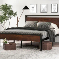 SHA CERLIN 14 Inch Queen Size Metal Platform Bed Frame with Wooden Headboard and Footboard, Mattress Foundation, No Box Spring
