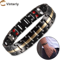 Vinterly Gold-color Black Magnetic Bracelet Male 15mm Wide Stainless Steel High Magnet Men Wristband Jewelry Benefits Waterproof