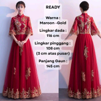 Ready Stok - Gaun cheongsam maroon gold maxi plus size Gaun sangjit Chinese wedding Gaun bridal big 