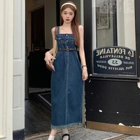 Summer Plus Sized Women Strap Denim Dress Korean Style Square Collar Sleeveless Raw Edge Long Dress Elegant Simple Female Dress