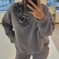 2023 Autumn Spring Casual Womens Two Piece Sets Outfit Rose Detail O-Neck Long Sleeve Sweatshirt Drawstring Daily Sweatpants Set