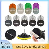 48 Pcs Wet &amp; Dry Sandpaper Kit 5 Inch with Hook and Loop Backing Pad and Foam Angle Grinder Attachments 400-10000 Grits for Wood