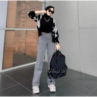 Celana Jeans Wanita Highwaist Loose Korea Style Kulot Slim-fitting Grey Abu Terbaru Panjang 100cm Po