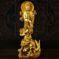 Fengshui Copper Dragon Guanyin Ornaments Stand Bodhisattva Statue Home Living Room Desktop Buddha Decor