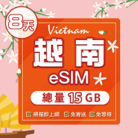 【環亞電訊】eSIM越南08天（總量15GB）附門號通話(eSIM 24H自動發貨 免等待免換卡 附贈通話 越南 越南網卡)