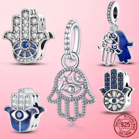 Hot Sale Lucky Charms 925 Silver Protective Hamsa Hand Dangle Charms Beads fit Pandora Bracelet 925 Silver Jewelry
