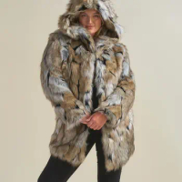 Women's New Faux fur coat with hood Mid-length Suitable for multiple scenarios fall and winter faux fox fur coat