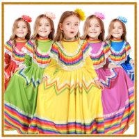 Girls Traditional Mexican Folk Dancer Dress for Kids Mexico Festival Party Cosplay Bohemia Long Dress Halloween Carnival Costume