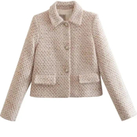 TRAF Plaid Cropped Blazer Woman Short Tweed Jacket Lady Long Sleeve Office Casual Blazer For Women 2022 Elegant Winter Coat