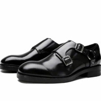 Monk Strap Oxfords Full Grain Leather Black Formal Suit Dress Shoes British Style Metal Fashion Mens Flats