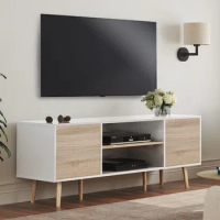TV Stand for TVs up to 60 inches, Wood TV Console Media Cabinet with Storage, Entertainment Center, White and Oak, 53 inch