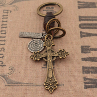 基督耶穌十字架鑰匙扣時尚潮流個性小禮品掛件真皮手工編制合金