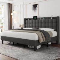 King Size Bed Frame with Charging Station, Upholstered Platform Bed Frame with Wingback Storage Headboard, No Box Spring Needed