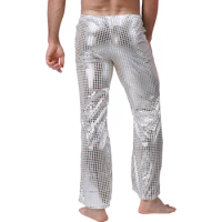 Mens Shiny Sequins Long Pants Disco Jazz Dance Performance Costumes Elastic Waistband Flared Pants Dj Party Trousers