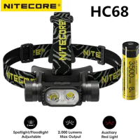 NITECORE HC68 USB Rechargeable Headlight Dual Light Source Spotlight Headlamp 2000 Lumen Outdoor Camping with NL1835HP Battery
