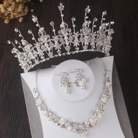 熱賣新娘歐式大皇冠婚紗水鉆珍珠項鏈耳環三件套生日王冠結婚飾品