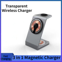 3 in 1 Magnetic Wireless Charger Stand Transparent For iPhone 12 13 14 Mini Pro Max For Apple Watch Airpods Pro 15 Fast Charging