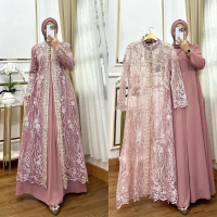 Gamis set outer full brukat 2IN1 bisa lepas pasang Model terbaru 2025 Amora Set Dress bahan Ceruty b