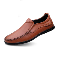 【ANSEL】真皮皮鞋 平底皮鞋/真皮頭層牛皮手工縫線舒適平底休閒皮鞋-男鞋(棕)