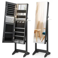Costway Full Length Mirror Lockable Standing Jewelry Cabinet w/ 3-Color LED Lights Black