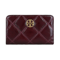 TORY BURCH Willa圓形雙T金字LOGO菱格縫線設計漆皮10卡扣式對折中夾(深果醬紅)