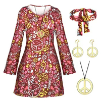 retro 70s 80s Women Hippie Costume Set Disco Outfit Women Peace Sign Earring Necklace Headband Dress for Halloween Cosplay