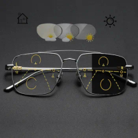 Brand Designer Square Progressive Multifocal Reading Glasses Big Frame Chrome Titanium Photochromic Reading Glasses Man Women