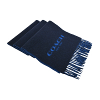 COACH 素面logo雙面撞色羊毛流蘇圍巾(藍)