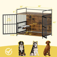 48 inch large dog cage with two 360 ° adjustable stainless steel bowls, end table dog house, large dog house for indoor use